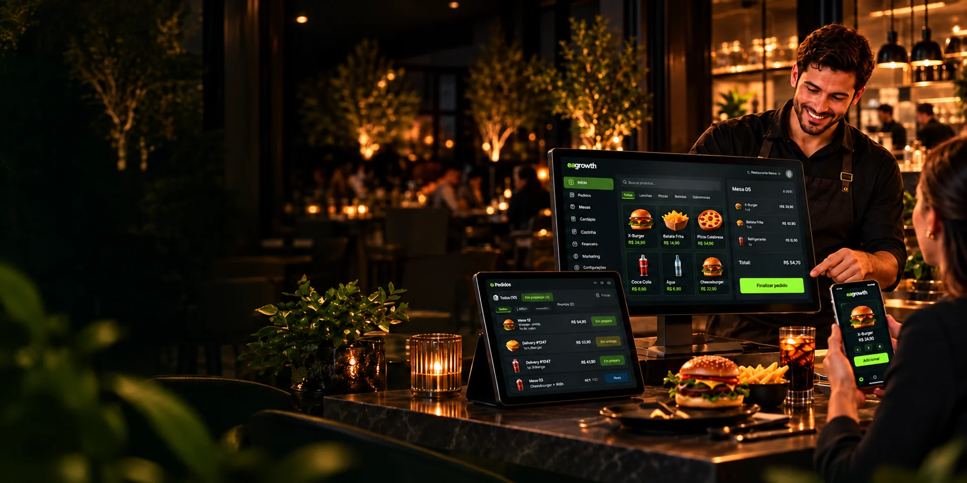 Ilustração EAGROWTH em restaurante, com atendimento e interfaces em computador, tablet e celular.